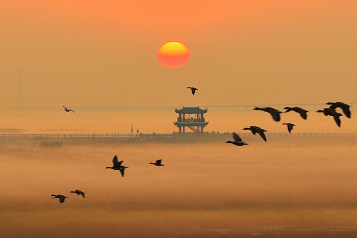 薄雾轻笼鄱阳湖 再现“秋水共长天一色”诗意